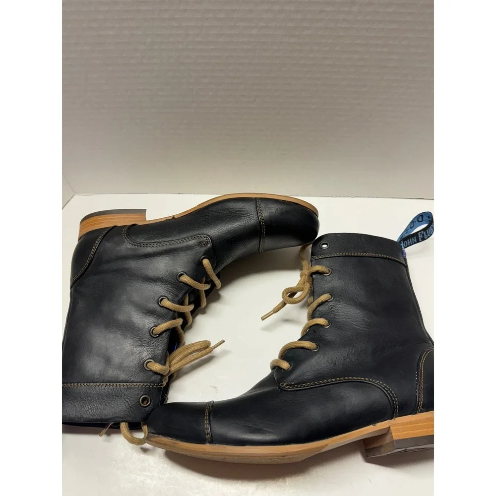 John Fluevog Radio CBC Black Leather Lace Up Cap Toe Boots Blue Lining‎ Mens 7